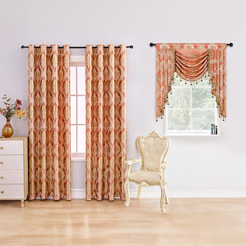 ELKCA Golden Jacquard Single Swag Waterfall Valance for Living Room Damask Coffee Curtain Valance for Kitchen, W39 Inch, 1 Panel - Image 2